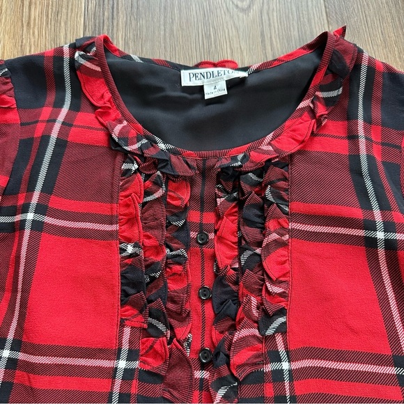 Pendleton Long Sleeve 100% Silk Blouse Button Ruffle Tartan Red Plaid Size 4 NEW - Picture 3 of 16